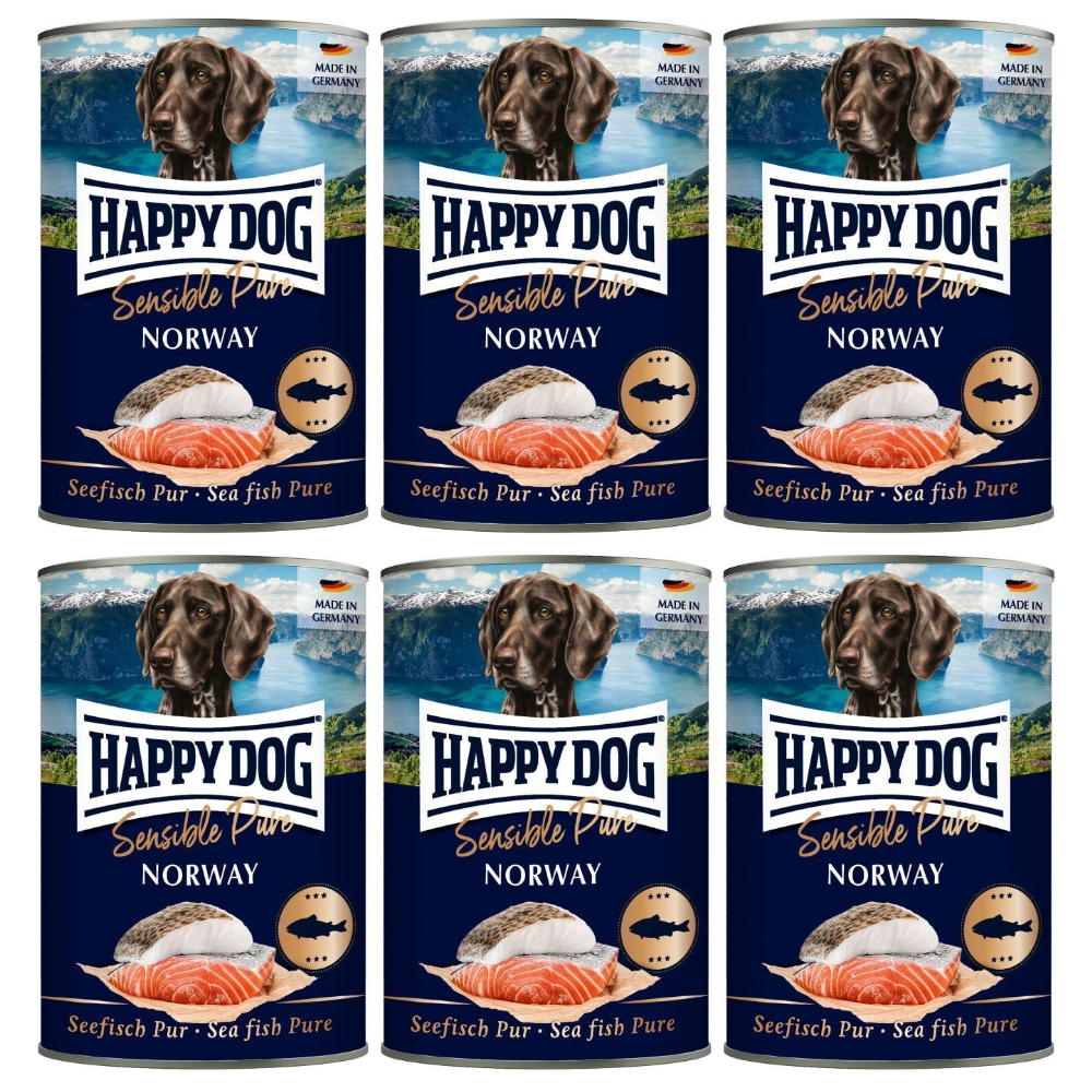 HAPPY DOG Sensible Pure Norway – Set Conserve Hrană Umedă Monoproteică fără Cereale pentru Câini Adulți, cu 100% Peste Oceanic, 6x400 g