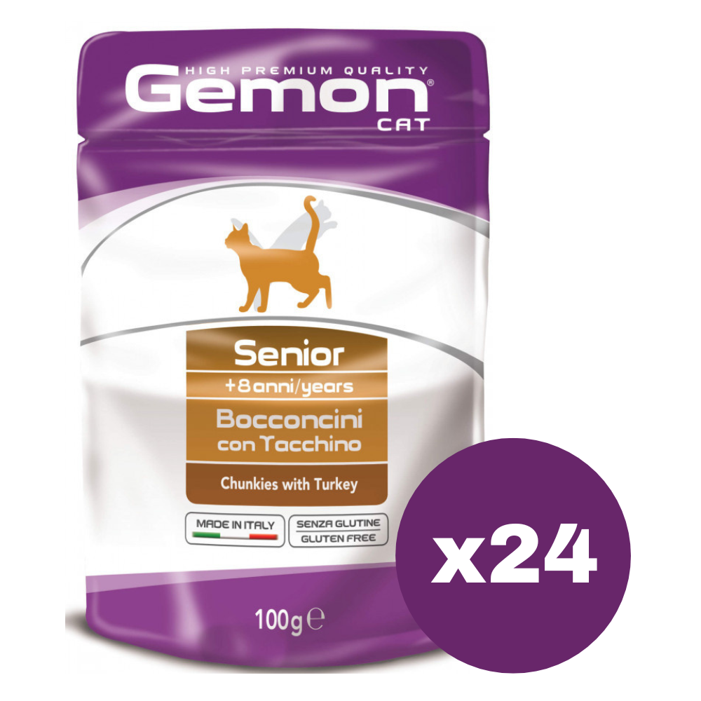 GEMON Cat Senior cu Curcan – Set Plicuri Hrană Umedă pentru Pisici Varstnice 7+, (bucatele in aspic), 24x100g