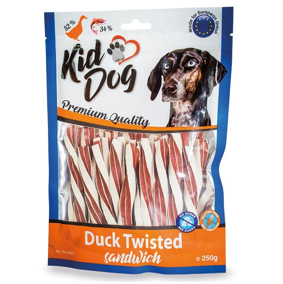 KIDDOG Sandwich Rasucit, cu Rață si Cod, pentru Câini, 250 g – Recompense cu 94% Carne si Peste