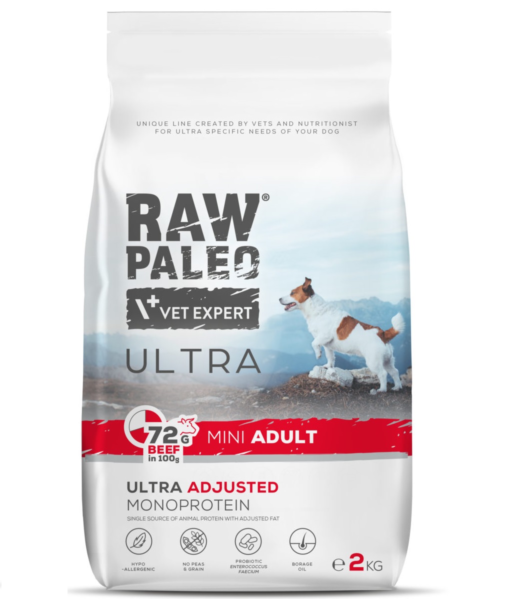RAW PALEO ULTRA Adult Mini, cu Vita, Hrana Uscata Monoproteica Fara Cereale, Pentru Caini Talie Mica, 2kg