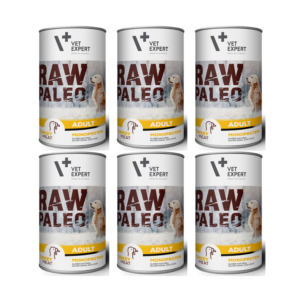 RAW PALEO Adult, Curcan, Set Conserve Hrana Umeda Monoproteica, Fara Cereale, Pentru Caini, 6x800g