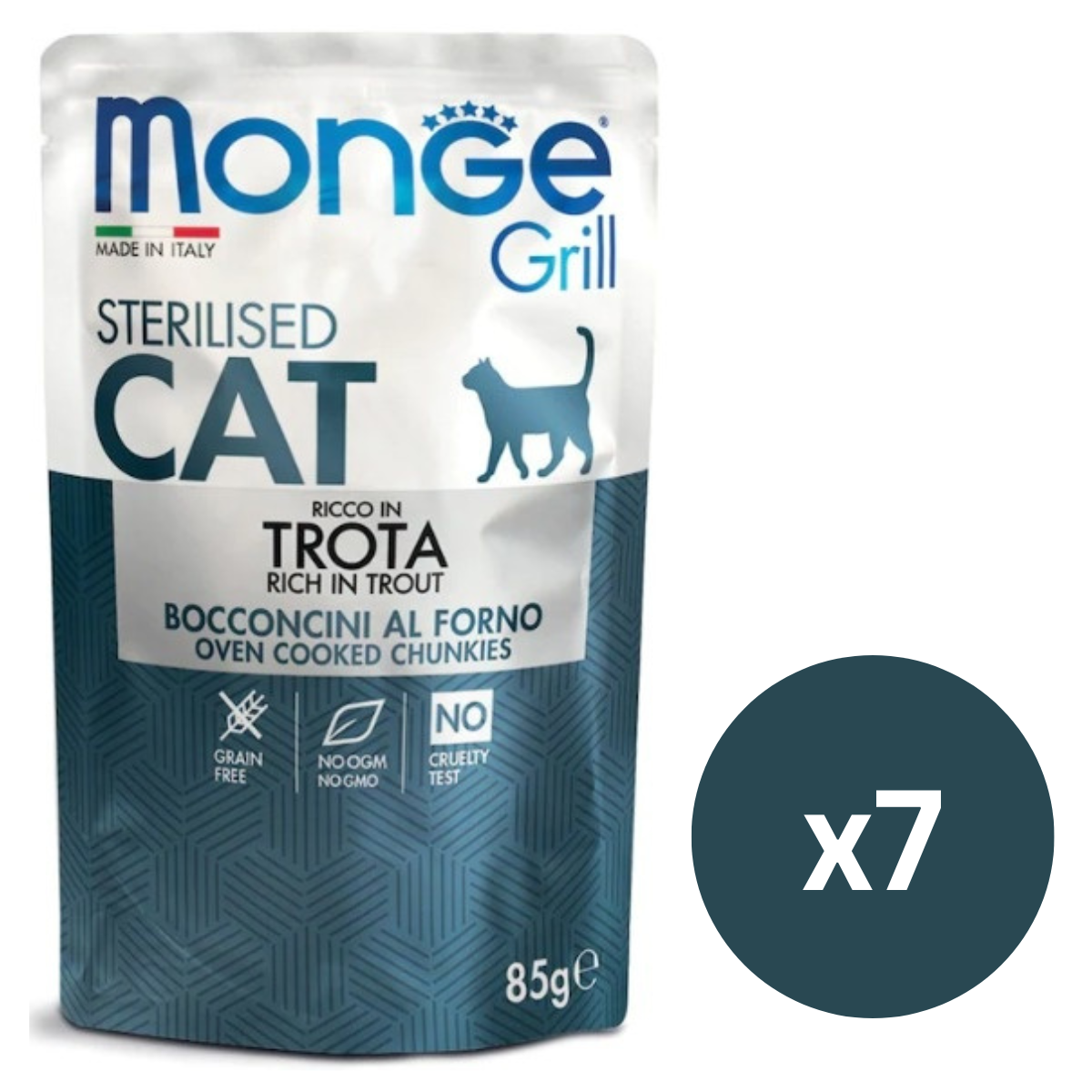 MONGE Grill Sterilized Cat, cu Pastrav, Set Plicuri Hrana Umeda Fara Cereale Pentru Pisici Sterilizate (bucatele carne in aspic), 7x85g