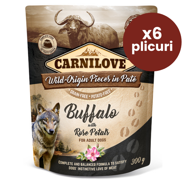 CARNILOVE Dog Pouch Pate Bivol cu Petale de Trandafir Set 6x300 g – Hrană Umedă Fără Cereale pentru Câini, Proteine Premium și Antioxidanți Naturali