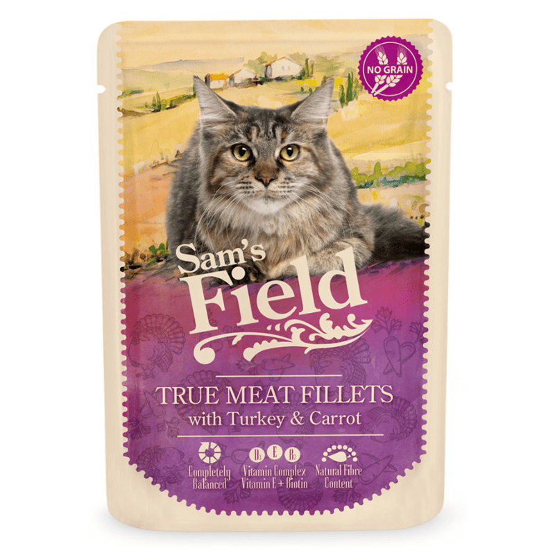 SAM'S FIELD Cat Pouch Turkey & Carrot 85 g | Hrana Umeda Superpremium pentru Pisici Adulte | Fileuri de Curcan si Morcov | Reteta Naturala Bogata in Proteine si Fibre