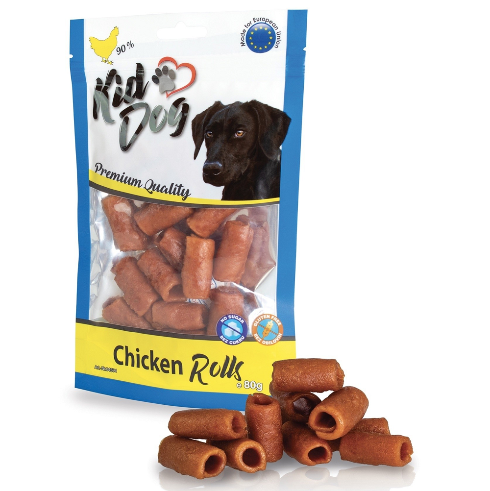 KIDDOG Rulouri de Pui pentru Câini, 80g – Recompense Moi cu 90% Carne, Fără Gluten