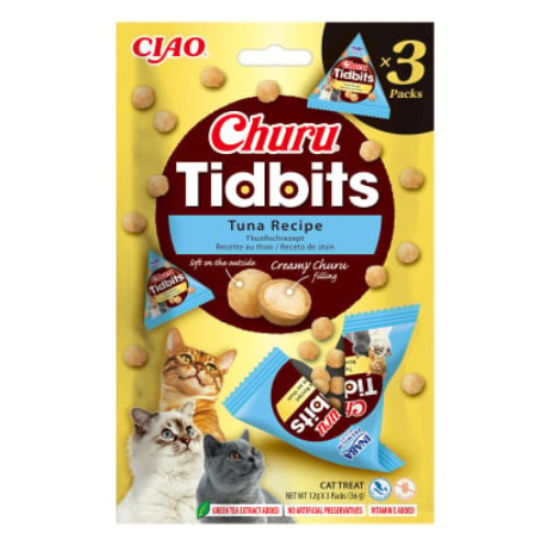 INABA Churu Cat Tidbits Tuna 3x12 g | Recompense pentru Pisici cu Ton | Exterior Fraged si Umplutura Cremoasa