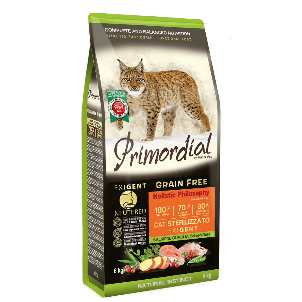 PRIMORDIAL Grain-Free Holistic Cat Adult Neutered Exigent Somon si Prepelita 6 kg | Hrana Uscata Fara Cereale pentru Pisici Sterilizate | Controlul Greutatii si Blana Stralucitoare