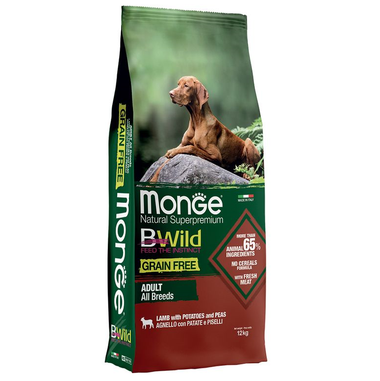 MONGE BWild Grain Free cu Miel, Cartofi și Mazăre – Hrană Uscată Superpremium pentru Câini Adulti, 12 kg