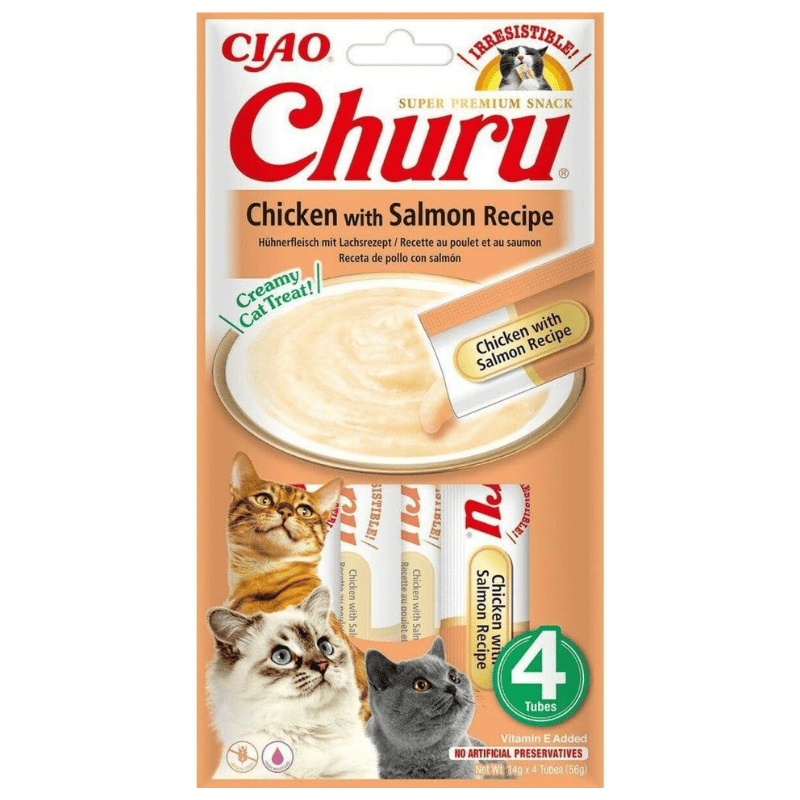 INABA Ciao Churu Creamy Sticks Chicken with Salmon 4x14 g | Recompense Cremoase fara Cereale pentru Pisici | cu Pui si Somon | Sanatoase, Delicioase si cu Calorii Putine