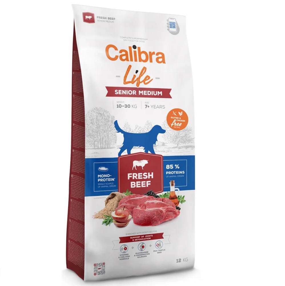 CALIBRA Dog Life Senior Medium – Hrană Uscată Monoproteică cu Vită Proaspătă, Fără Gluten și Pui, pentru Câini Seniori de Talie Medie (7+ Ani), 12kg