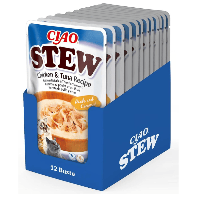 CIAO CHURU Stew Fasii de Pui in Supa Cremoasa de Ton Box 12x40 g | Hrana Umeda Complementara pentru Pisici | Delicioasa si Sanatoasa, Fara Cereale, Topping Palatabil