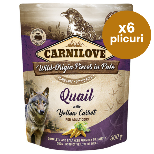 CARNILOVE Dog Pouch Pate Prepeliță cu Morcov Galben  Set 6x300 g – Hrană Umedă Fără Cereale pentru Câini, Proteine Delicate și Digestie Ușoară