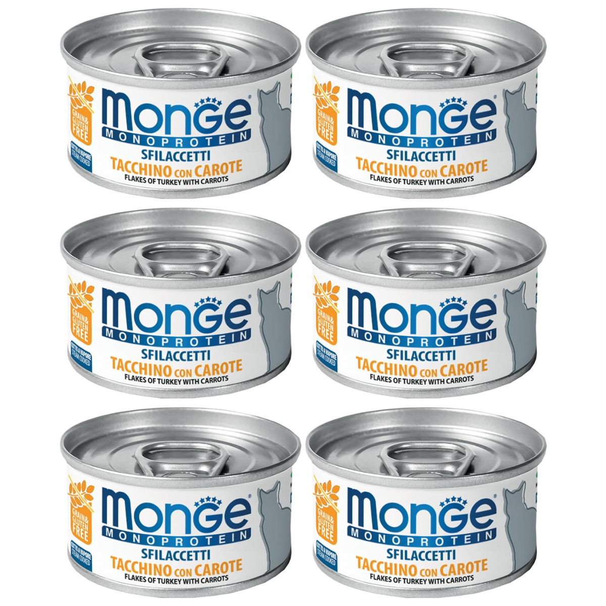 MONGE Monoprotein, Fasii Carne de Curcan si Morcovi, Set Conserve Hrana Umeda Monoproteica Pentru Pisici, 6x80g