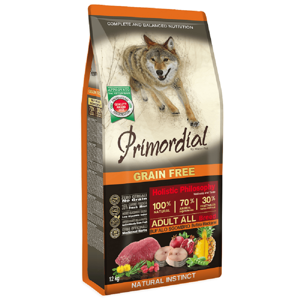 PRIMORDIAL Grain-Free Holistic Dog Adult Bivol si Macrou, 2 kg | Hrana Uscata Fara Cereale pentru Caini Adulti | Piele Sanatoasa, Digestie Naturala