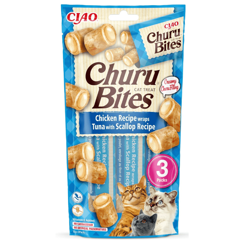 INABA Churu Bites Tuna & Scallop Recipe 3x10 g | Recompense fara Cereale pentru Pisici | Pui, Ton si Scoici | Textura Moale cu Interior Cremos