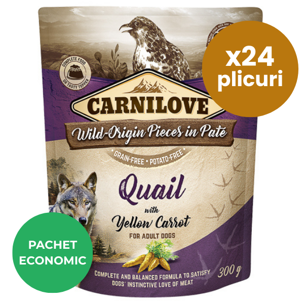 CARNILOVE Dog Pouch Pate Prepeliță cu Morcov Galben  Set 24x300 g – Hrană Umedă Fără Cereale pentru Câini, Proteine Delicate și Digestie Ușoară
