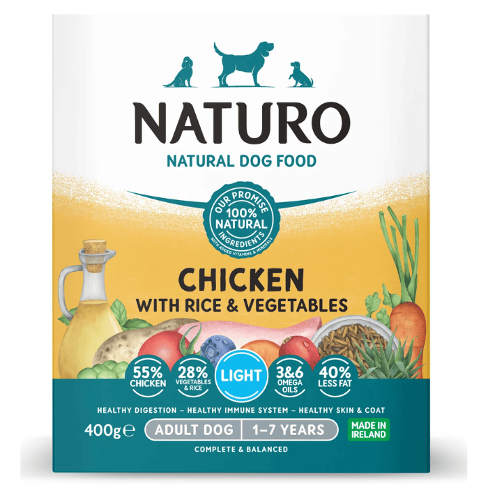 NATURO Adult Dog Light cu Pui, Orez si Legume 400 g | Hrana Umeda Completa 100% Naturlal pentru Caini Adulti | Continut Redus de Grasime
