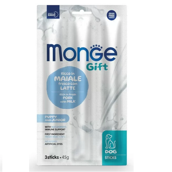 MONGE Gift Puppy and Junior Growth Support, cu Porc si Lapte, Recompense Caini Juniori Pentru o Crestere Sanatoasa, Folie x 3sticks, 45g