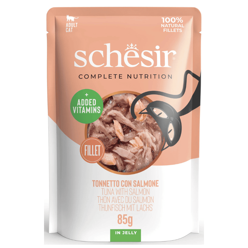 SCHESIR Cat Ton cu Somon in Aspic 85 g Plic | Hrana Umeda Completa pentru Pisici Adulte