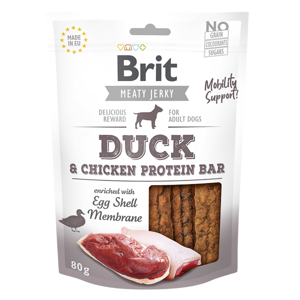 BRIT Jerky Duck Protein Bar 80 g – Recompense Naturale Fara Cereale pentru Caini, cu Carne de Rata, Bogate in Proteine