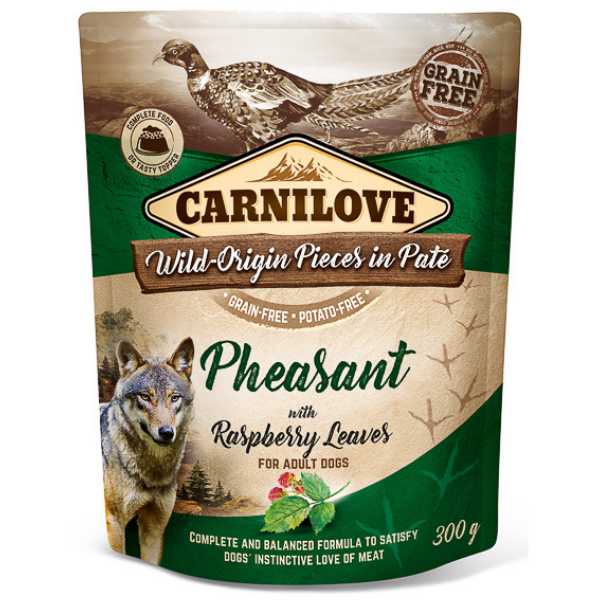 CARNILOVE Dog Pouch Pate Fazan cu Frunze de Zmeur 300 g – Hrană Umedă Fără Cereale pentru Câini, Bogată în Proteine Sălbatice și Antioxidanți Naturali