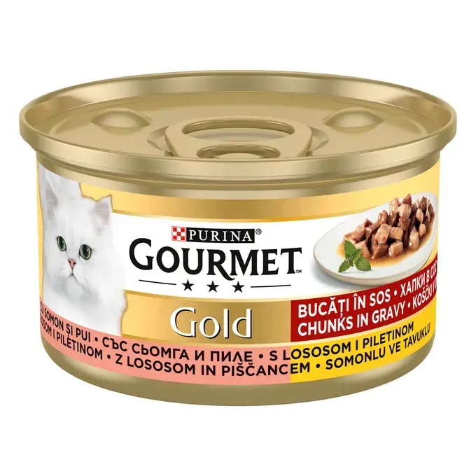 PURINA Gourmet Gold Cubulete Carne in Sos, cu Somon si Pui, Conserva Hrana Umeda Pentru Pisici, 85g