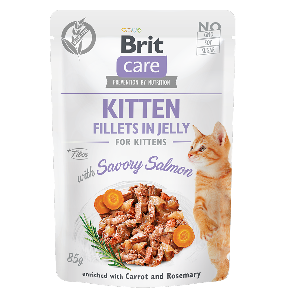 BRIT CARE Kitten Fillets in Jelly, cu Somon, Plic Hrana Umeda, Fara Cereale,  Pisici Junior (file in aspic) 85g