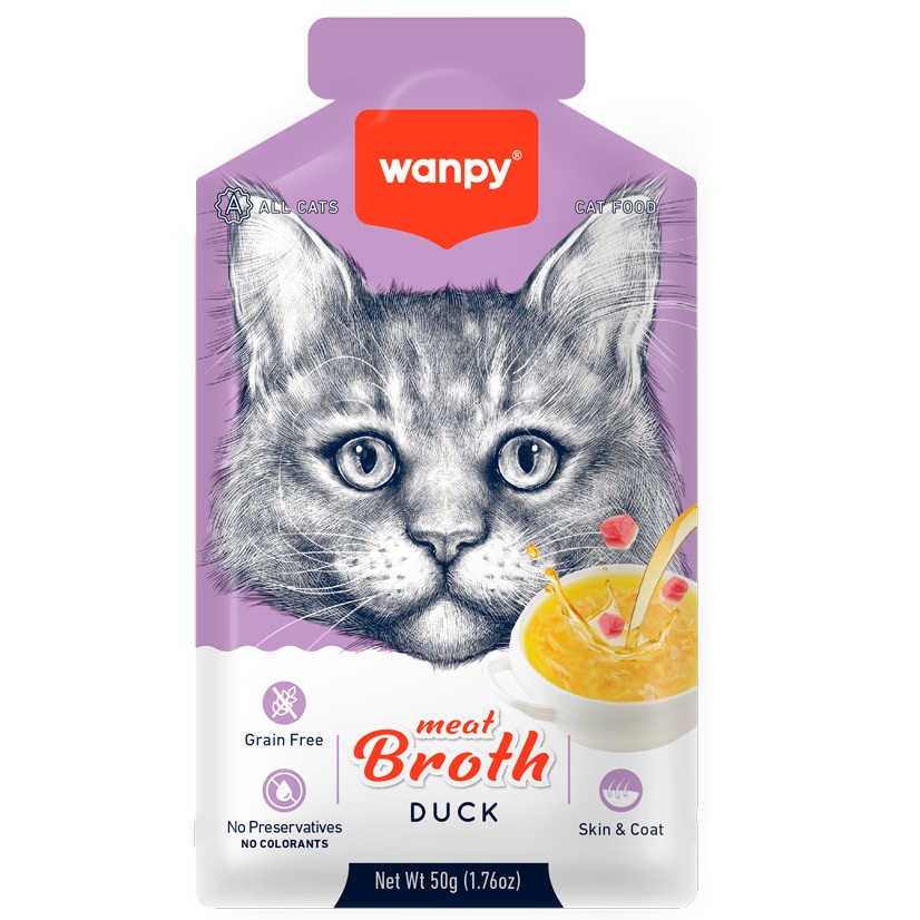 WANPY Meat Broth 50 g – Supă Fără Cereale cu Rată pentru Pisici, cu Taurină și Ulei de Somon