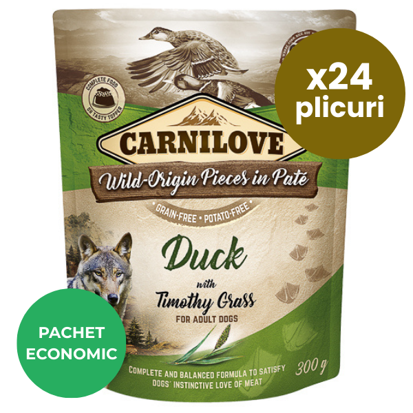 CARNILOVE Dog Pouch Pate Rață cu Timoftica Set 24x300 g – Hrană Umedă Fără Cereale pentru Câini, Proteine de Calitate și Digestie Sănătoasă