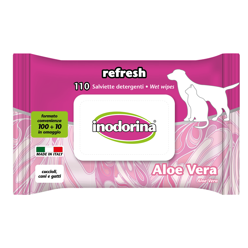 INODORINA Refresh, Servetele Umede Pentru Caini si Pisici, Parfum de Aloe Vera, 110buc