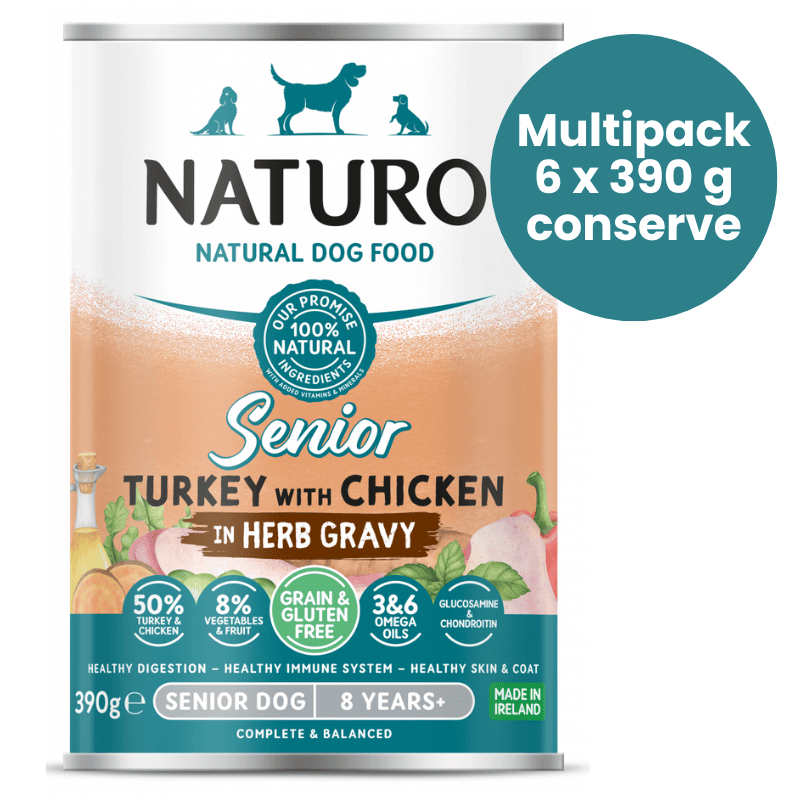 NATURO Senior Dog Grain & Gluten Free cu Curcan si Pui in Sos cu Ierburi Multipack 6x390 g | Hrana Umeda Completa fara Cereale 100% Naturala pentru Caini Varstnici 7+