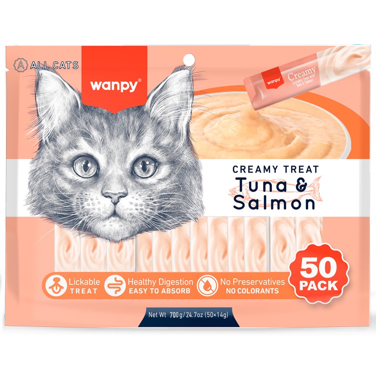 WANPY Creamy Lickable Cat Treats cu Ton si Somon, plicuri 50x14 g – Recompensa Cremoasa Superpremium pentru Pisici, Fara Coloranti sau Conservanti