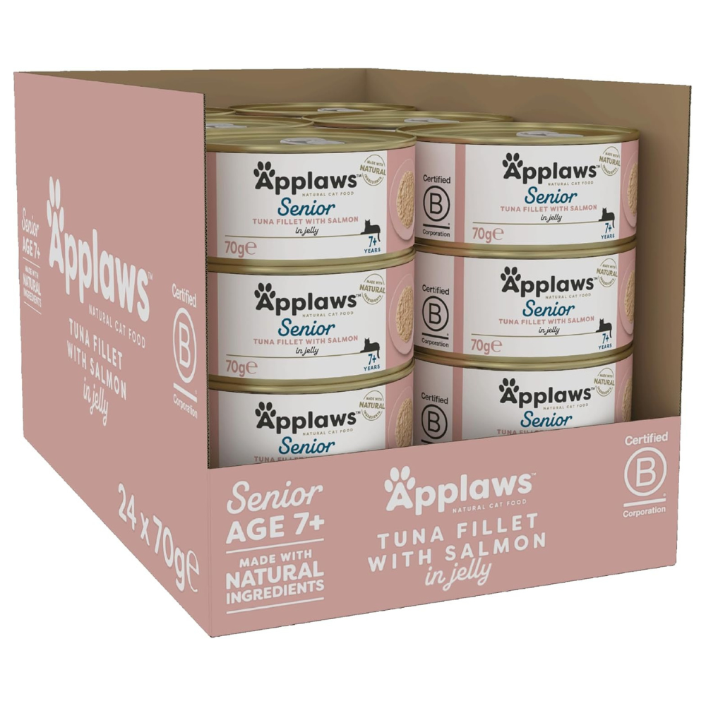 APPLAWS 100% Natural, Bax Conserve Hrana Umeda Pisici Senioare (7+) cu Filet de Ton si Somon in Aspic, 24x70 g