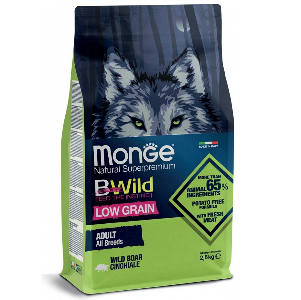 MONGE BWild Low Grain cu Mistreț – Hrană Uscată Superpremium pentru Câini Adulti, 2.5kg