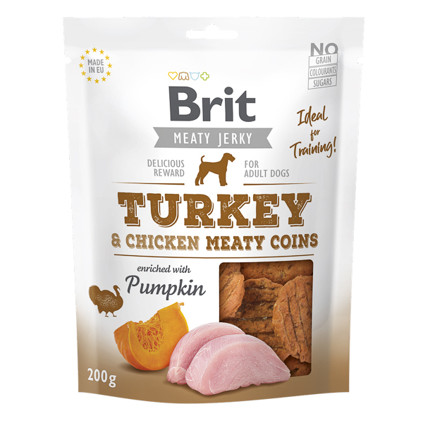 BRIT Jerky Turkey Meaty Coins 200 g – Recompense Naturale Fara Cereale pentru Caini, cu Carne de Curcan, Gust Delicios si Proteine de Calitate