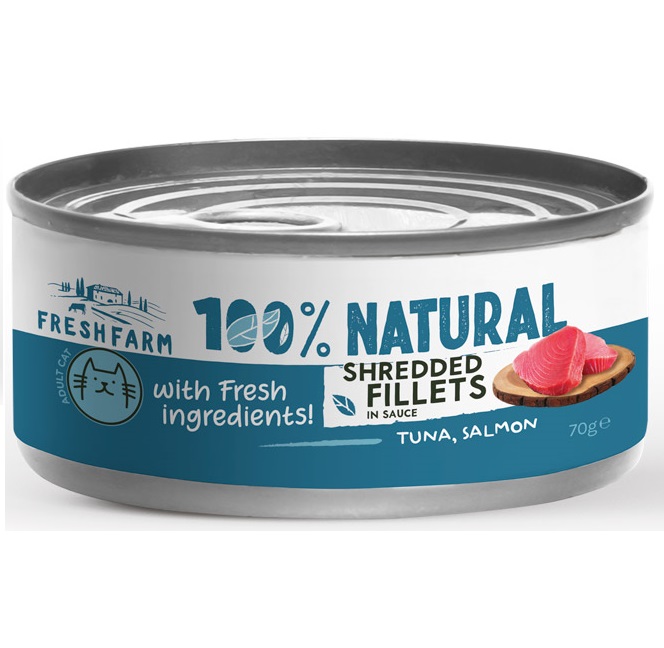 FRESH FARM Shredded Fillets, Ton, Somon si Pui in Sos, 70 g – Hrana Umeda Fara Cereale pentru Pisici, Fileuri Maruntite in Sos
