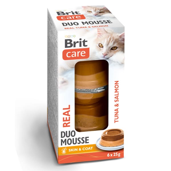 BRIT CARE Cat Duo Mousse Real cu Ton si Somon 6x25 g | Hrana Umeda Complementara pentru Pisici (pateu fin)