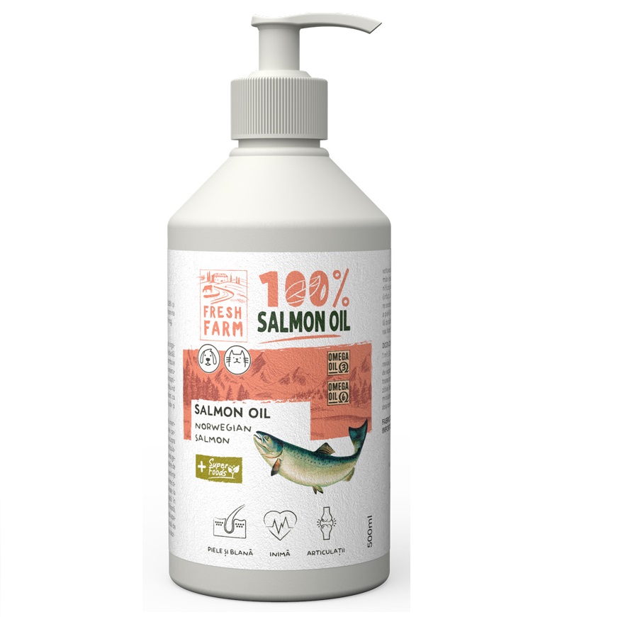 FRESH FARM Salmon Oil 500ml – Ulei de Somon pentru Caini si Pisici, Bogat in Omega 3, Omega 6 si Vitamina E