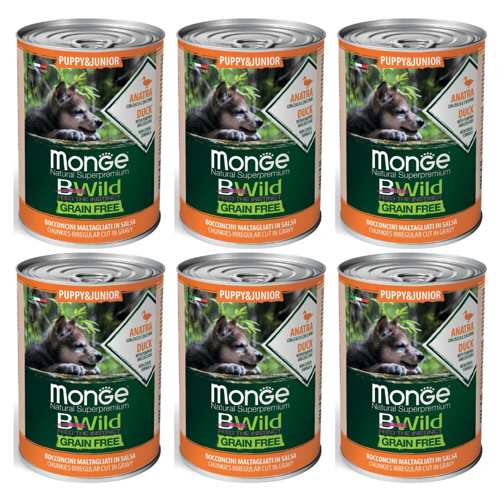 MONGE BWild Grain Free Puppy & Junior cu Rață, Dovleac și Dovlecel – Set Conserve  Hrană Umedă Fără Cereale pentru Caini Juniori (bucatele in sos), 6x400g