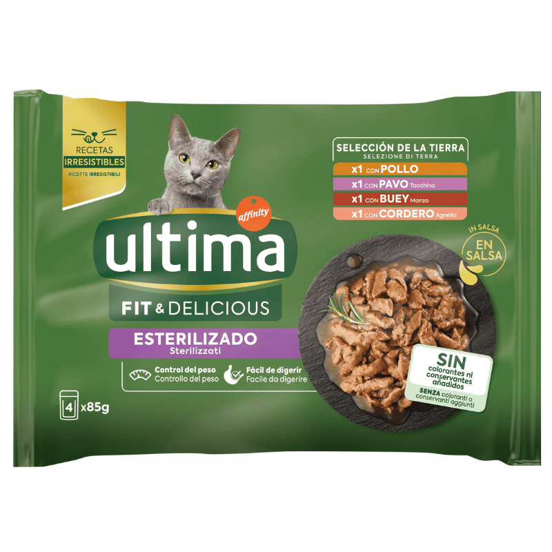 ULTIMA Cat Fit & Delicious Sterilised, Selecție 4 Tipuri de Carne, 4x85 g | Hrană Umedă pentru Pisici Sterilizate | Suport pentru Controlul Greutăţii şi Vitalitate