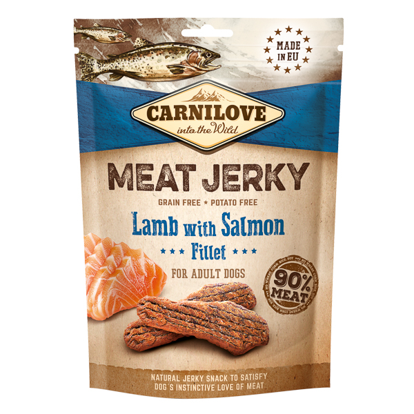 CARNILOVE Jerky Lamb with Salmon Fillet 100 g – Recompense Naturale Fara Cereale pentru Caini, cu Carne de Miel si File de Somon, Gust Premium