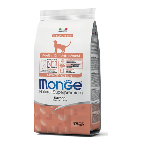 MONGE Natural Superpremium Cat Adult, cu Somon, Hrana Uscata Monoproteica Pentru Pisici Adulte, 1.5kg