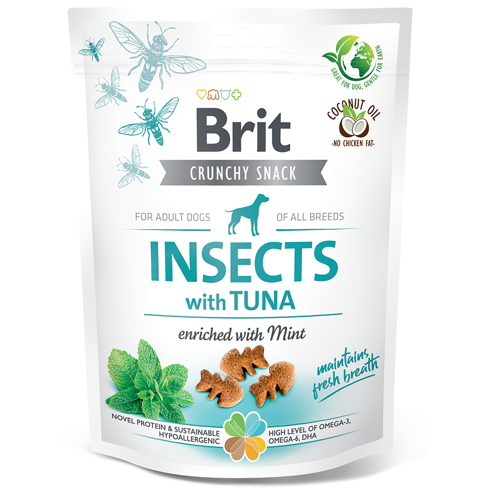 BRIT CARE Crunchy Snack, Insecte, Ton si Menta, Recompense Hipoalergenice, Fara Cereale, Caini, Respiratie Fresh, 200g