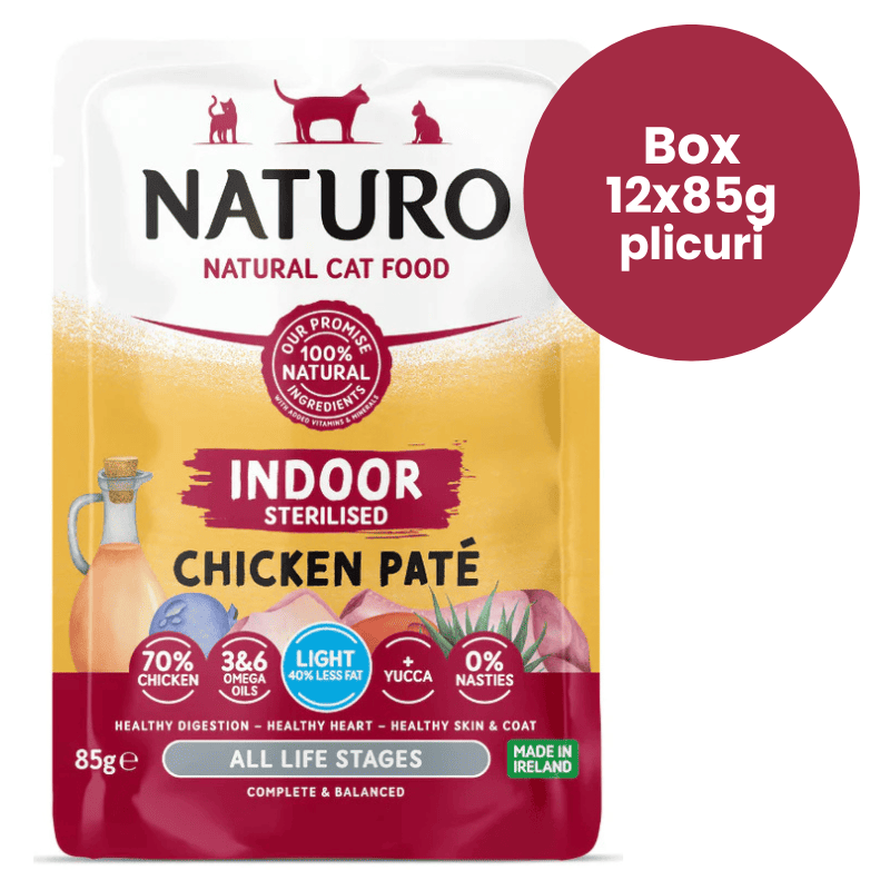NATURO Adult Cat Indoor Sterilised Light Pate Grain Free cu Pui Box 12x85 g | Hrana Umeda Completa pentru Pisici Adulte de Interior, Sterilizate sau cu Tendinta de Ingrasare
