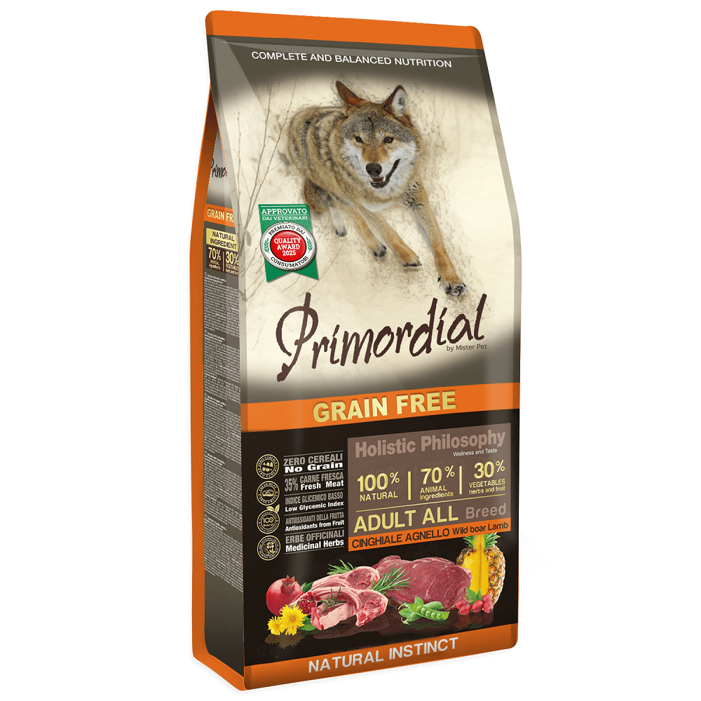 PRIMORDIAL Grain-Free Holistic Dog Adult Mistret si Miel 12 kg | Hrana Uscata Fara Cereale pentru Caini Adulti de Toate Taliile | Nutritie Holistica Naturala si Energie Sustenabila