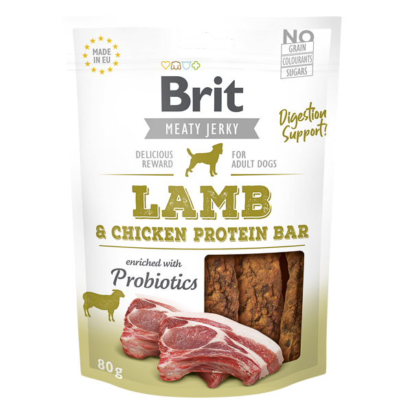 BRIT Jerky Lamb Protein Bar 80 g – Recompense Naturale Fara Cereale pentru Caini, cu Carne de Miel, Bogate in Proteine