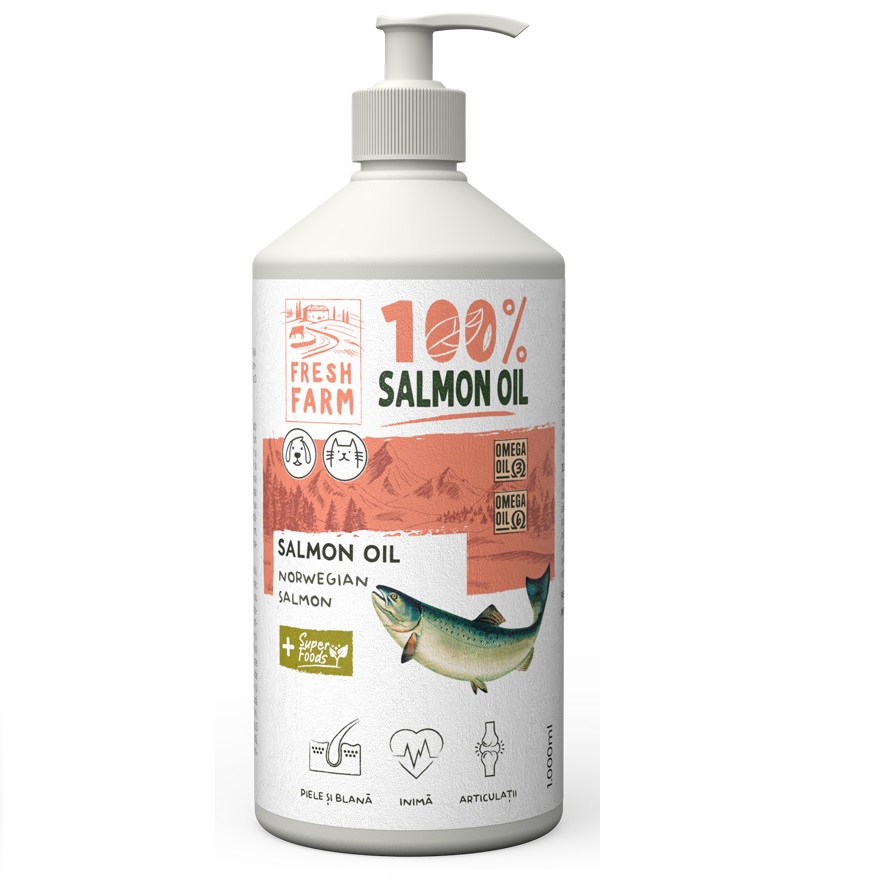 FRESH FARM Salmon Oil 1000 ml – Ulei de Somon pentru Caini si Pisici, Bogat in Omega 3, Omega 6 si Vitamina E