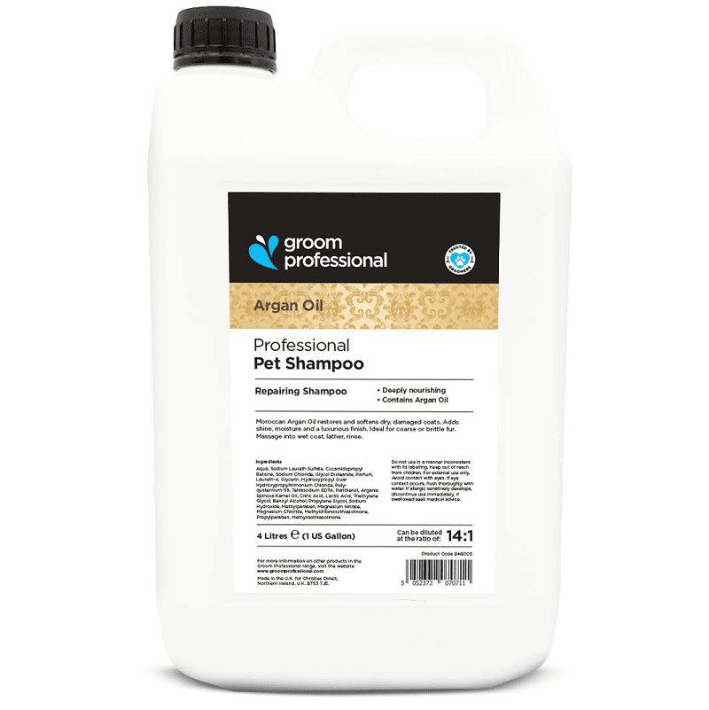 GROOM PROFESSIONAL Argan Oil Shampoo 4 L | Șampon Profesional Concentrat (dilutie 14:1) pentru Câini cu Blana Uscata, Deteriorata | Hidratare Intensă și Regenerare 