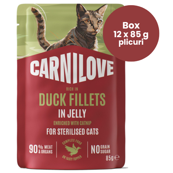 CARNILOVE Cat Sterilised cu Rață și Catnip Box 12x85 g | Hrană Umedă Completă Fără Cereale pentru Pisici Adulte Sterilizate