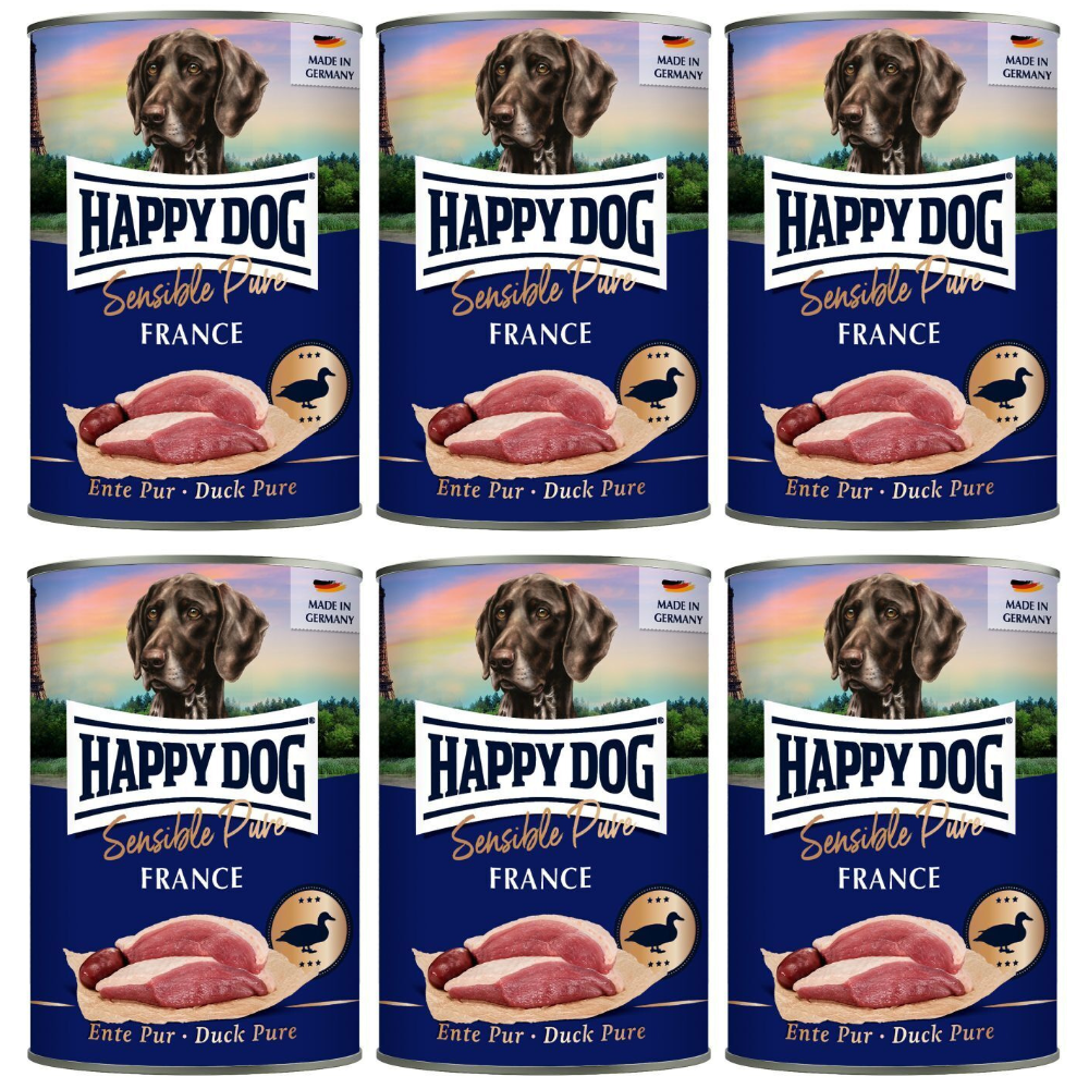 HAPPY DOG Sensible Pure France – Set Conserve Hrană Umedă Monoproteică fără Cereale pentru Câini Adulți, cu 100% Rață, 6x800 g